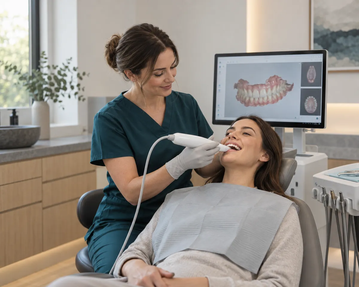 A dentist scans a smiling patient's teeth as the 3D model appears on screen