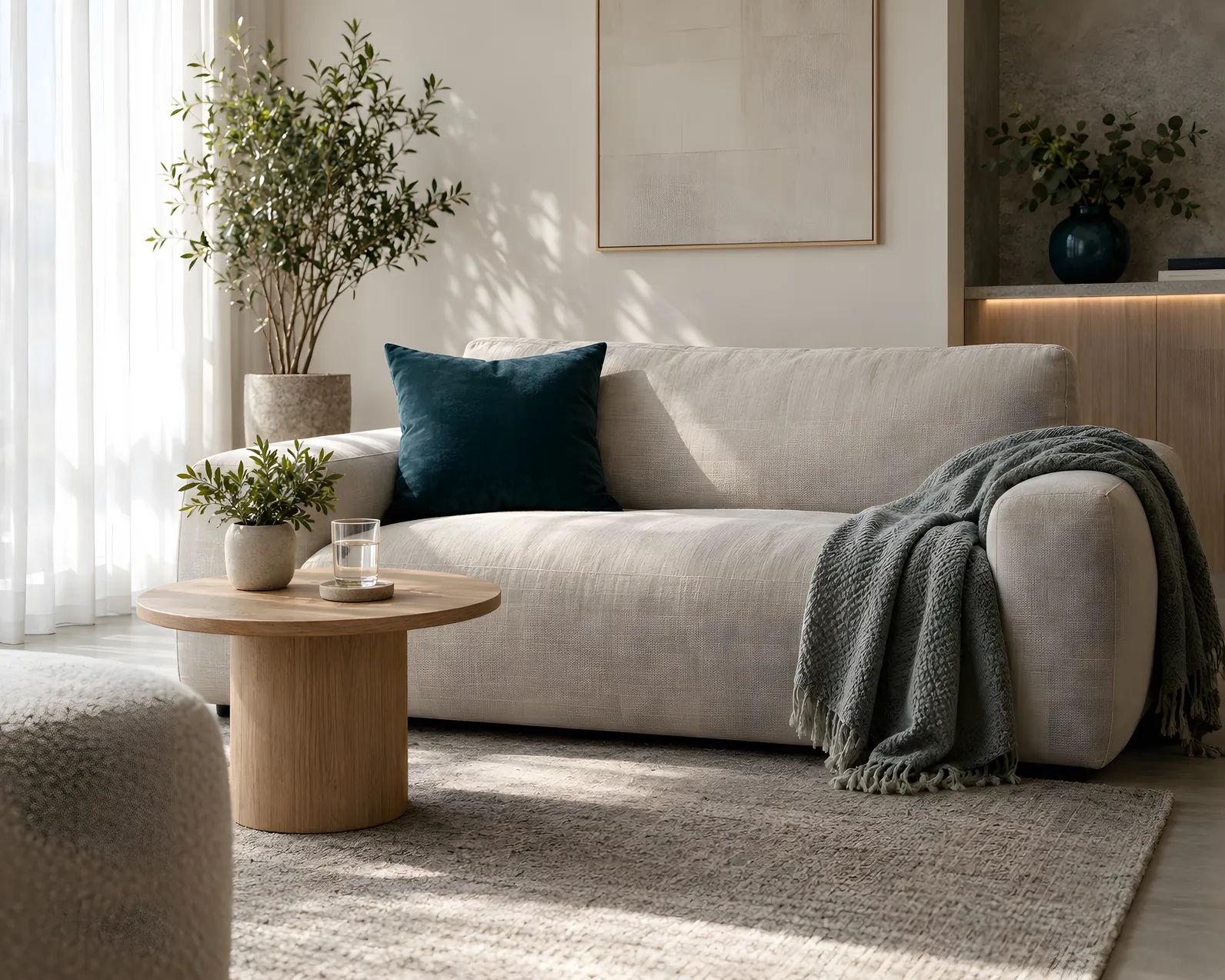 The quiet recovery lounge with a linen sofa and soft daylight