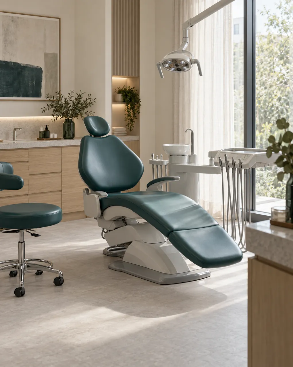 A private treatment room with a teal chair beside a tall window