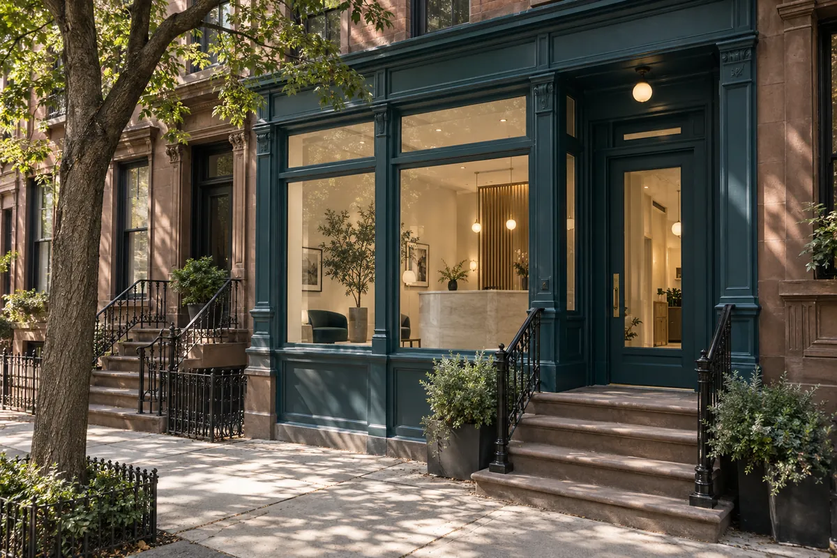 The studio's brownstone storefront on Linden Avenue