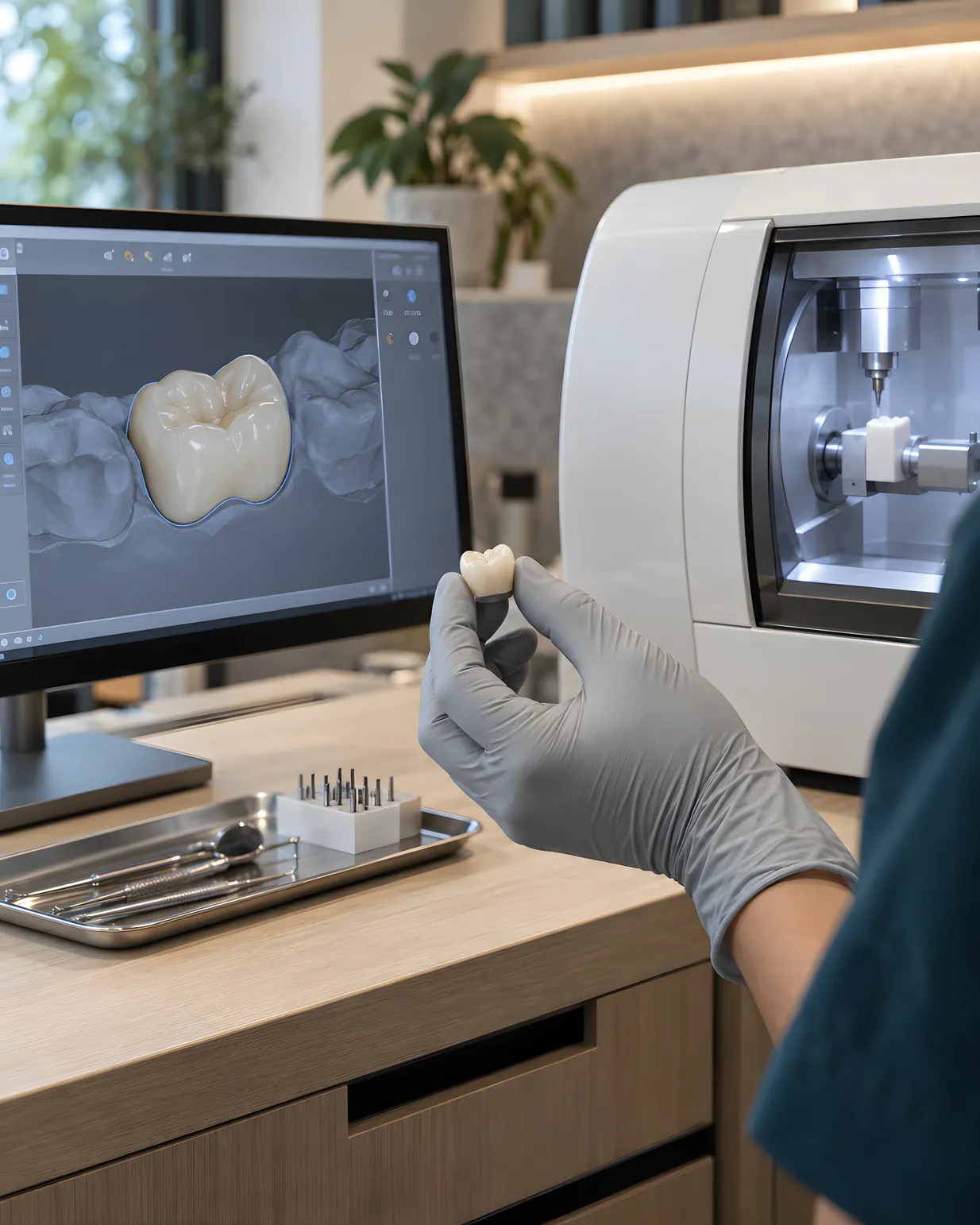 A same-day crown being designed on screen beside the in-studio milling unit