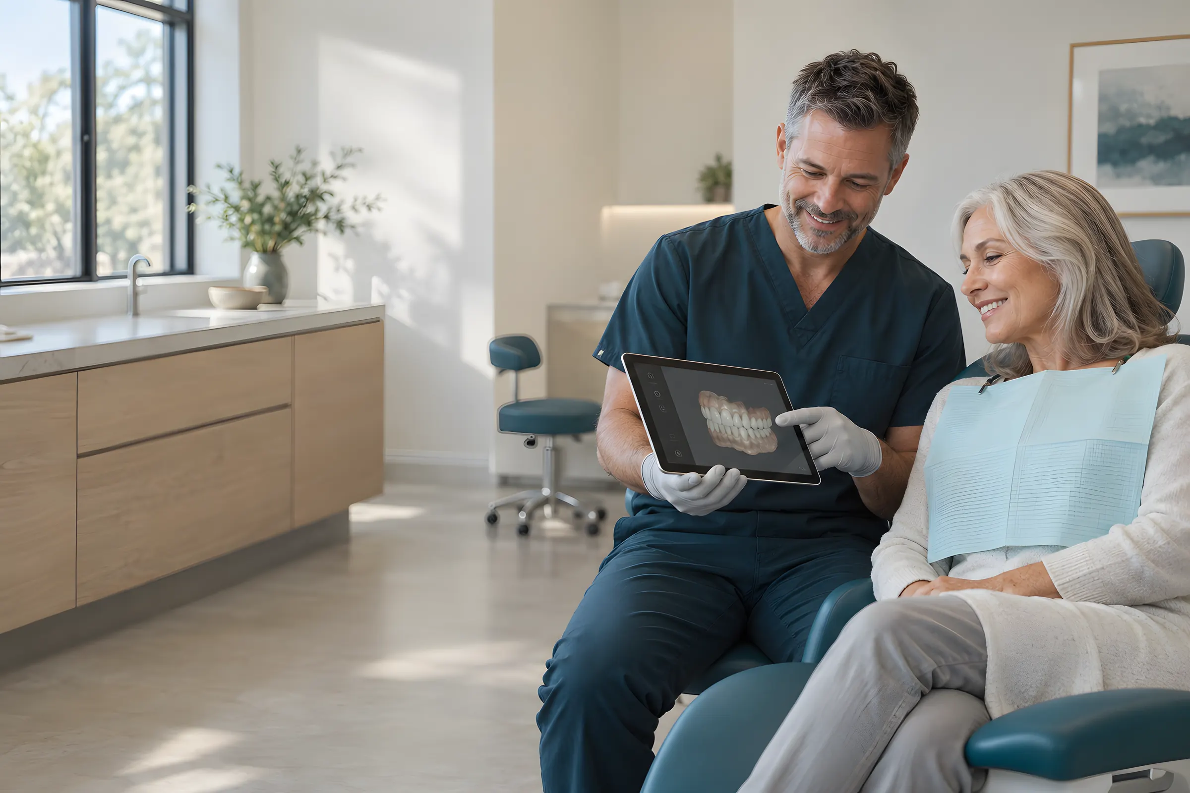 A dentist shows a relaxed patient a 3D scan of her teeth on a tablet