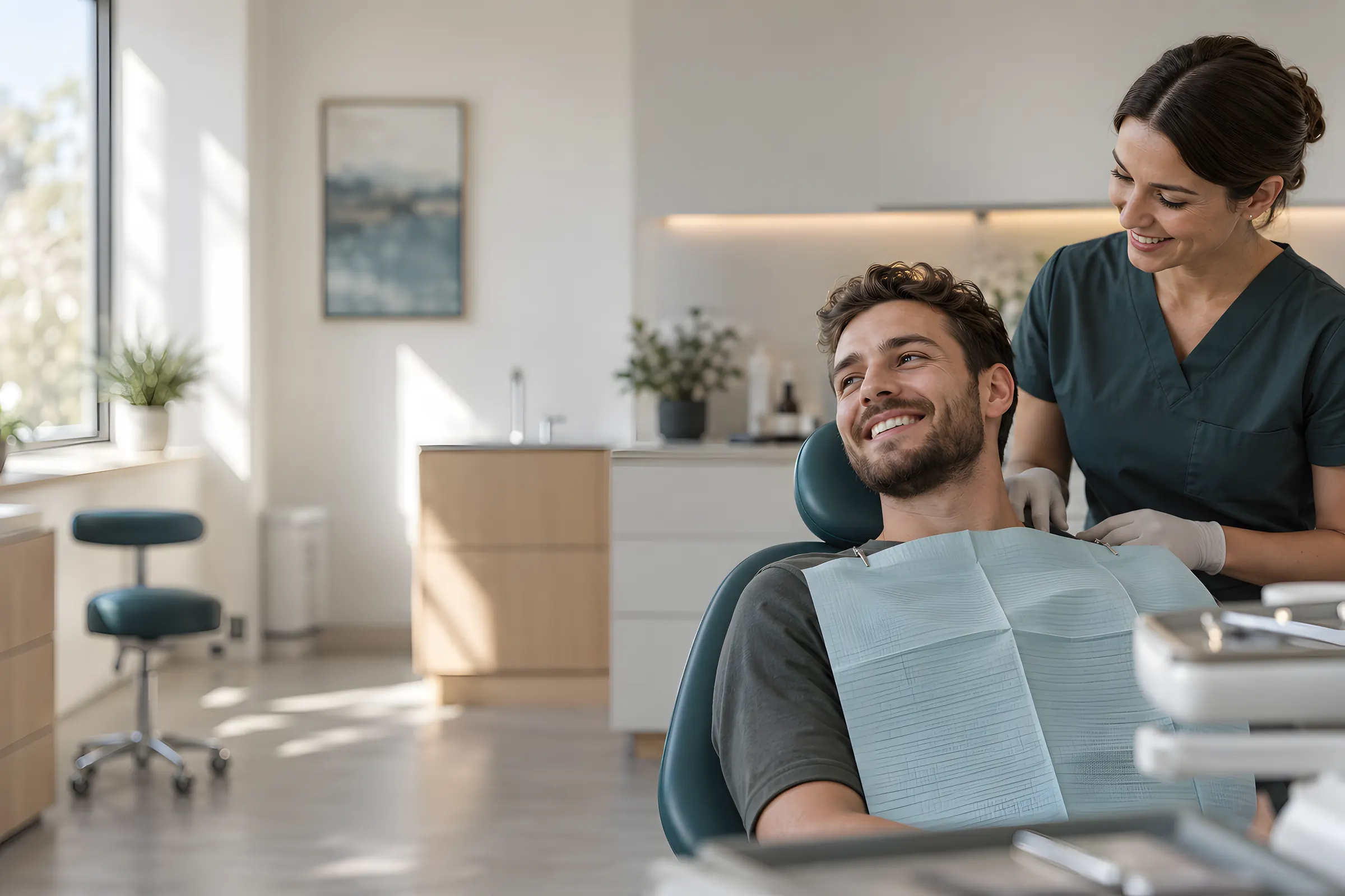 A smiling patient reclines in the dental chair