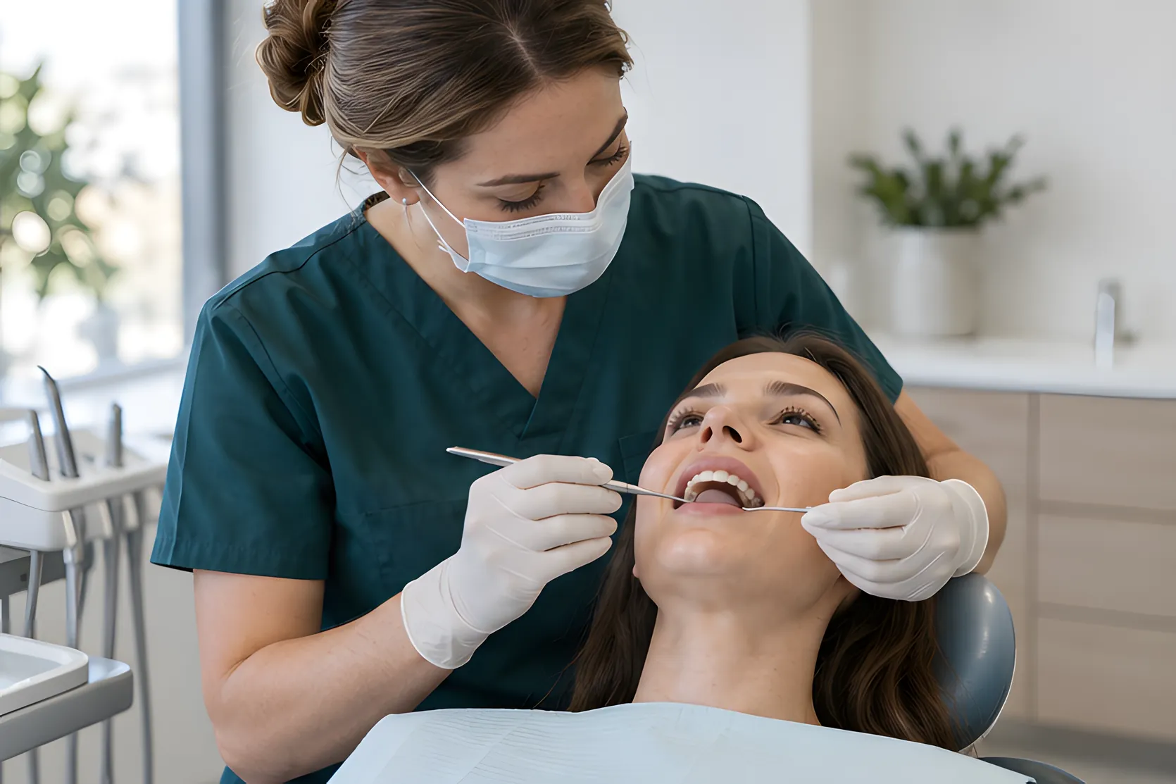 A hygienist gently cleaning a relaxed patient's teeth