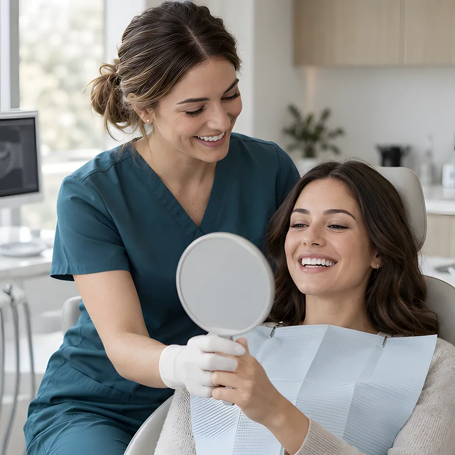 A hygienist shows a relaxed patient her gum health on a hand mirror after a clean
