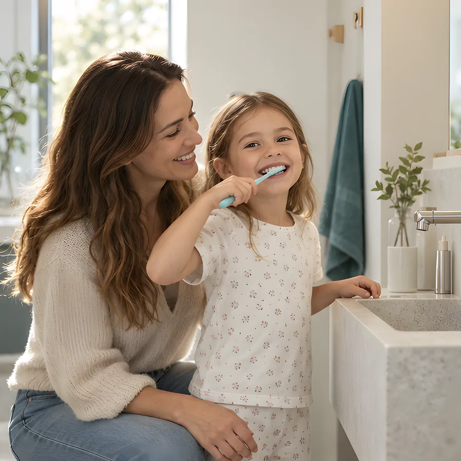 A child brushing her teeth while a parent shows the technique