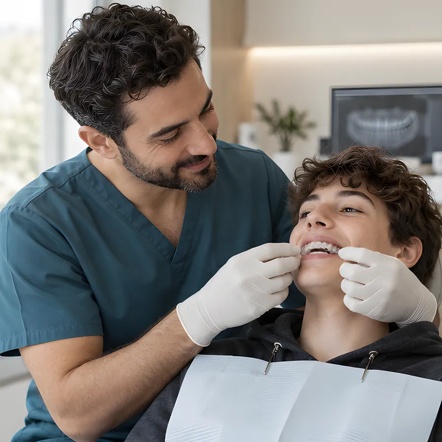 A clear aligner being fitted at a check-in appointment