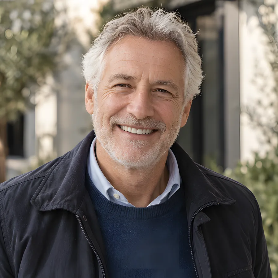 A patient smiling confidently after an implant crown was fitted