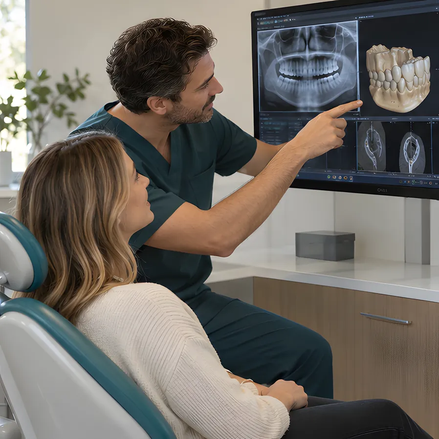 A dentist and patient reviewing a 3D scan together on screen