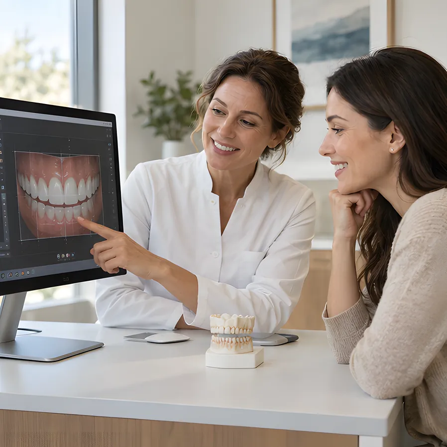 A dentist and patient review a smile design on screen beside a mock-up model