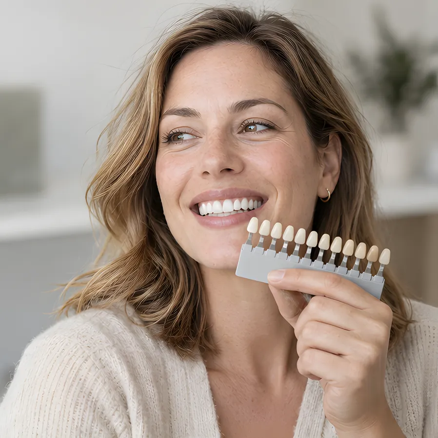 A woman compares her whitened smile against a shade guide